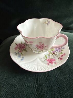 Vintage Shelley China “Dainty”Stocks Floral Teacup Saucer Pink handle ~ Mint